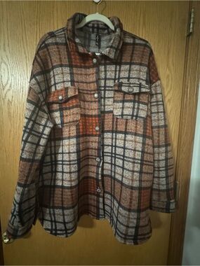 Plaid Button-Front Shacket Jacket - Brown Orange Plaid
